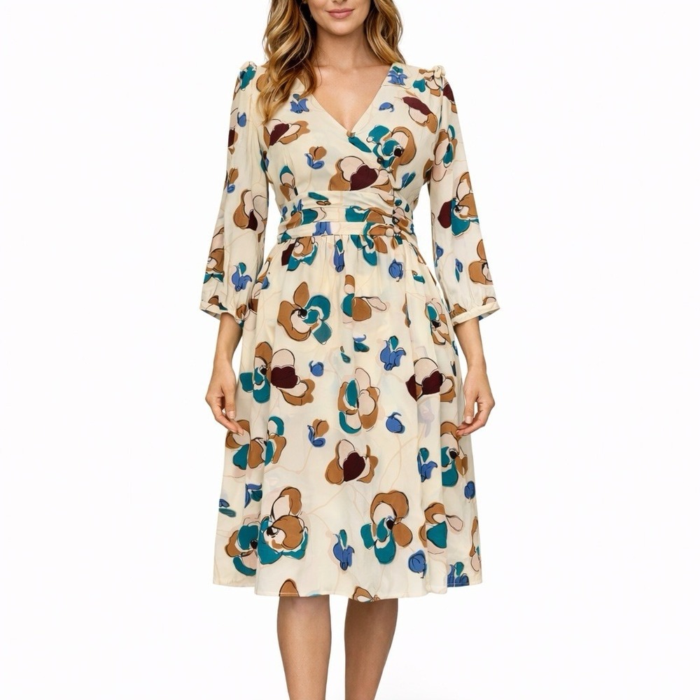 SARA BERMAN Floral Wrap Dress sz S 100% Silk Fit & Flare V-neck Business Casual